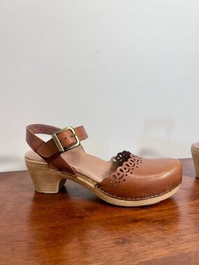 Dansko Brown Leather Cutout Clog Sandal with Buckle Strap